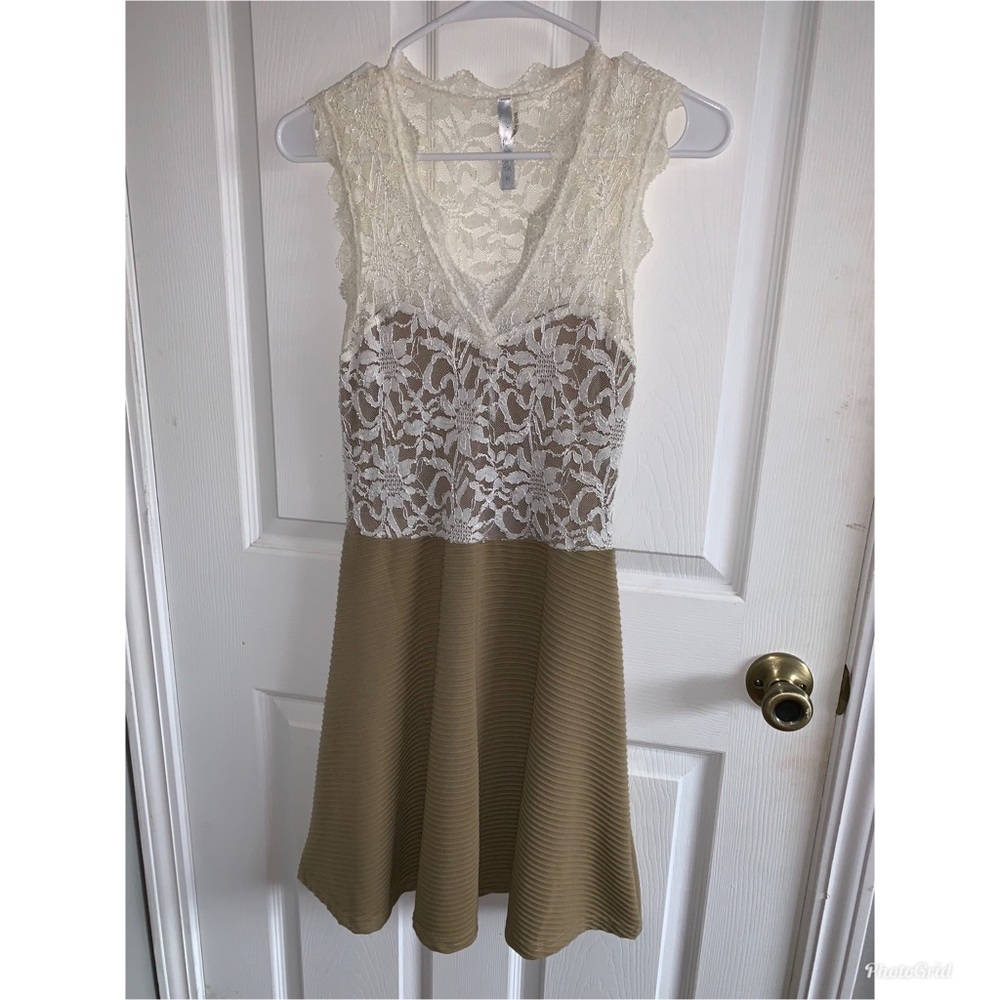 White lace and tan dress